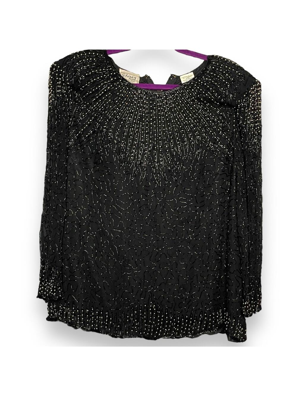 Vintage Stenay Silk Beaded Blouse Womens 18 Black Gold Formal Top Artsy Art Deco